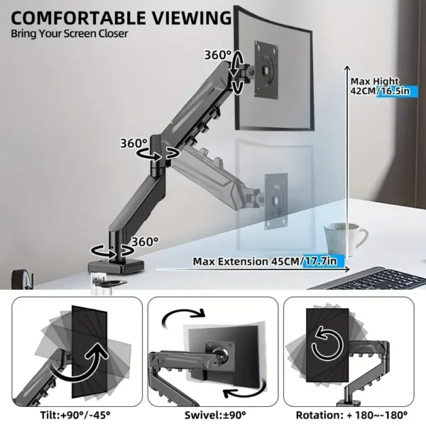 Single Monitor Stand with Pneumatic Arm